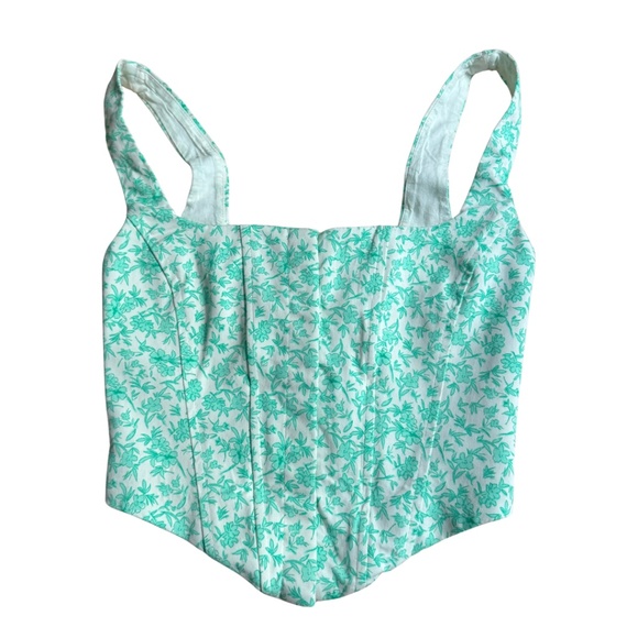 Zara Tops - ZARA Floral Curved Hem Corset Top White Green S